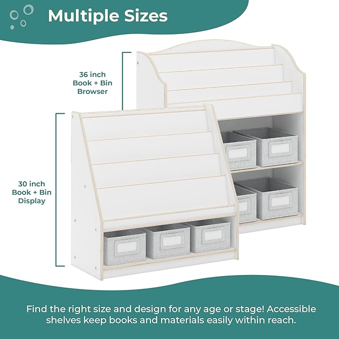 Guidecraft EdQ Book and Bin Display White with 3 Storage Bins: Wooden Kids Bookcase and Toy Storage Organizer; Homeschool and Classroom Bookshelf Furniture
