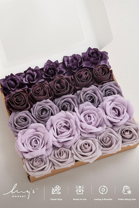 Ling's Moment Artificial Flowers Fake Roses Faux Peony Foam Gardenia Combo for DIY Wedding Bouquets Centerpieces Arrangements Bridal Shower Party Home Decorations, Lavender & Purple, 24pcs