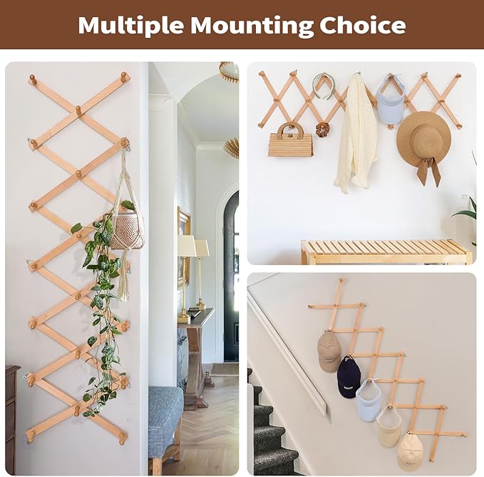 Wall Rack with 20 Hooks, Wooden Wall Expandable Coat Rack for Coat, Hats, Baseball Caps, Coffee Mug, Jewelry(Natural)