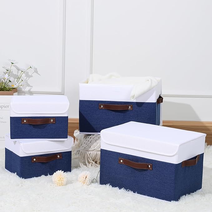 ANMINY 2PCS Storage Boxes with Lid Washable Decorative Storage Bin Basket with PU Leather Handle Foldable Linen Fabric Storage Cube Container for Home Closet Organizer - Deep Blue White, Large Size