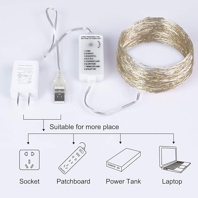 USB Fairy String Lights, 40FT 120LED Firefly String Lights, 8 Lighting Modes Twinkle Lights for Bedroom Halloween Christmas Tree Wreath Party Wedding Baby Shower Decoration, Pure White