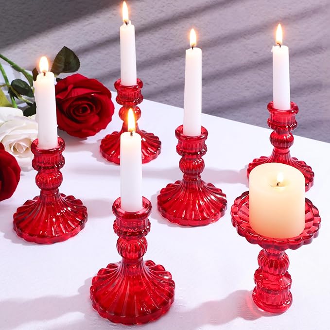 Suclain 24 Pcs Glass Taper Candle Holder Sets 12 Candlestick Holder with 12 White Long Candles for Wedding Party Decor Dinner Decoration(Red)