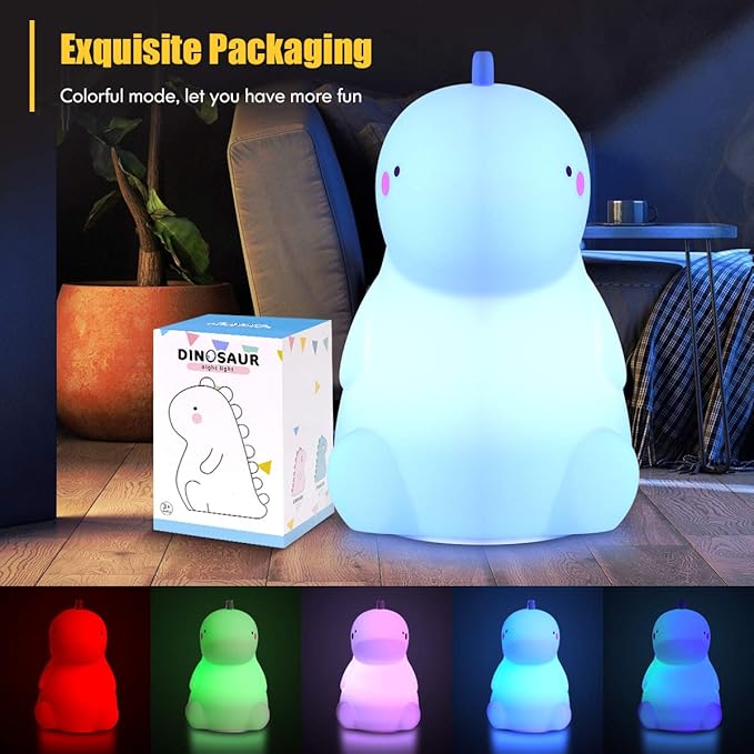 VSATEN Dinosaur Night Light for Kids, Cute Color Changing Silicone Baby Night Light with Touch Sensor, Portable Rechargeable LED Bedside Nursery Lamp for Toddler's Room, Gifts for Boys Girls, Green