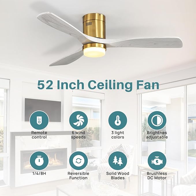 Sofucor Ceiling Fan with Lights-52 Inch Flush Mount Ceiling Fan with Light and Remote Control, Low Profile Wood Blades Modern Outdoor Ceiling Fans for Bedroom/Farmhouse/Patio/Indoor, Quiet DC Motor