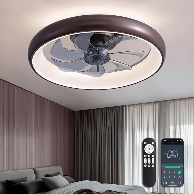 Ceiling Fan with Lights and Remote, 20'' Low Profile Flush Mount, 6 Wind Speeds, Modern Dimmable LED, Smart for Bedroom, Kids Room