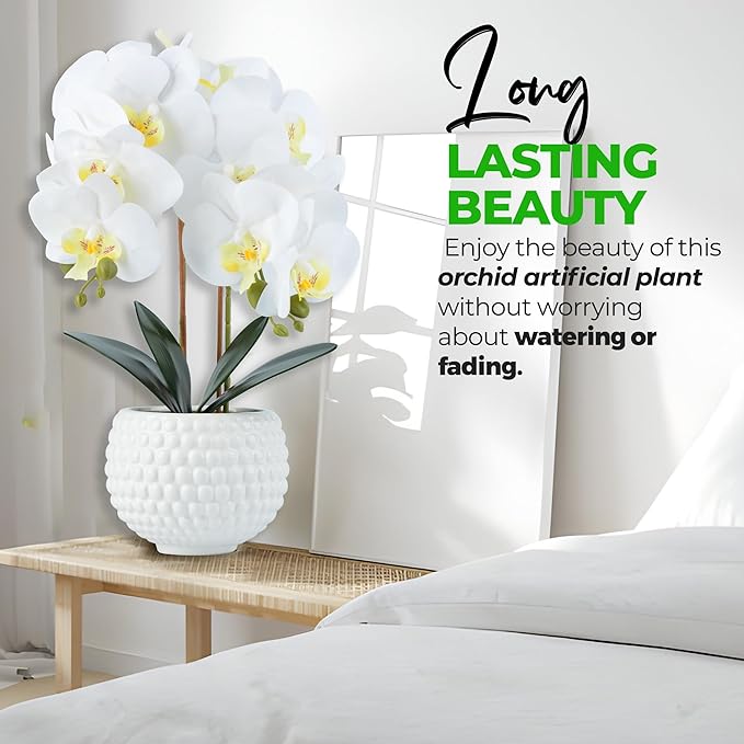 Large Artificial Orchids with Ceramic Pot, Faux Orchids for Living Room, Bathroom, Kitchen, Home, Hotel Indoor Decor (17'' White)