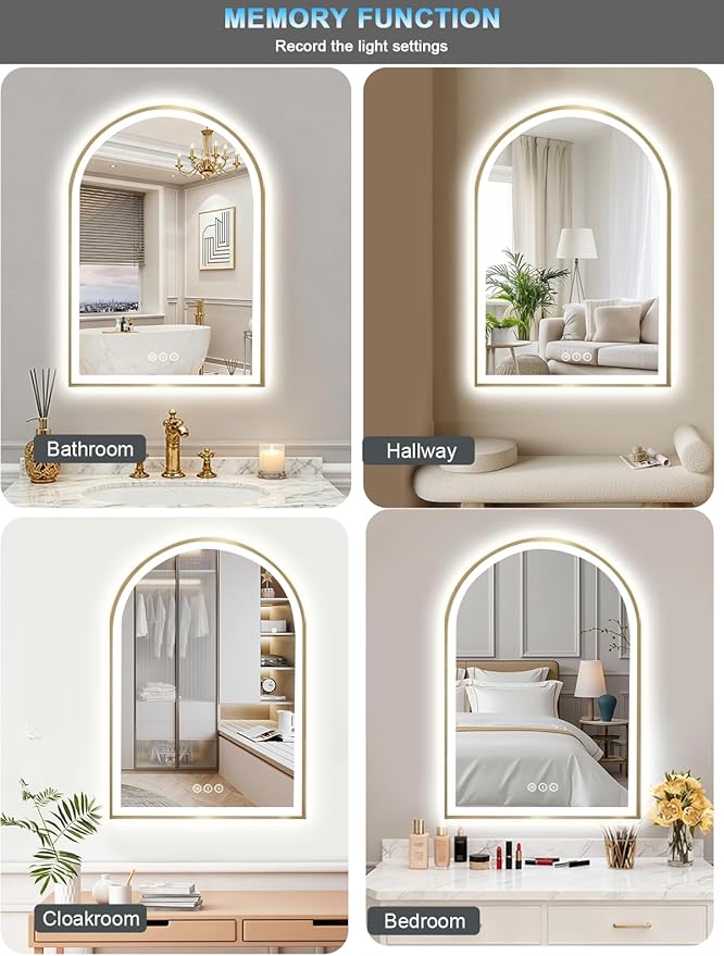 Gold Arch Mirror with Lights, 24x36 Inch Led Mirror for Bathroom, Wall-Mounted Mirror with Anti-Fog, Memory Function, 3 Color Temperature, Dimmable Led Bathroom Mirror
