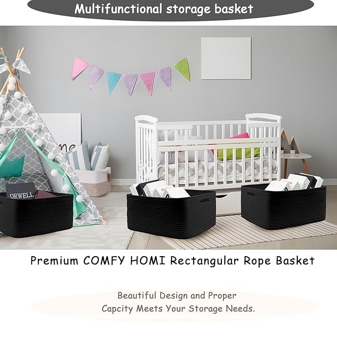 COMFY-HOMI Cotton Rope Woven Basket with Handles for Shelves,Toys,Book, Cloth Storage Baskets for Organizing-17" x 13" x 7.5" Toy Decorative Organizer for Living Room, Bathroom (all black)