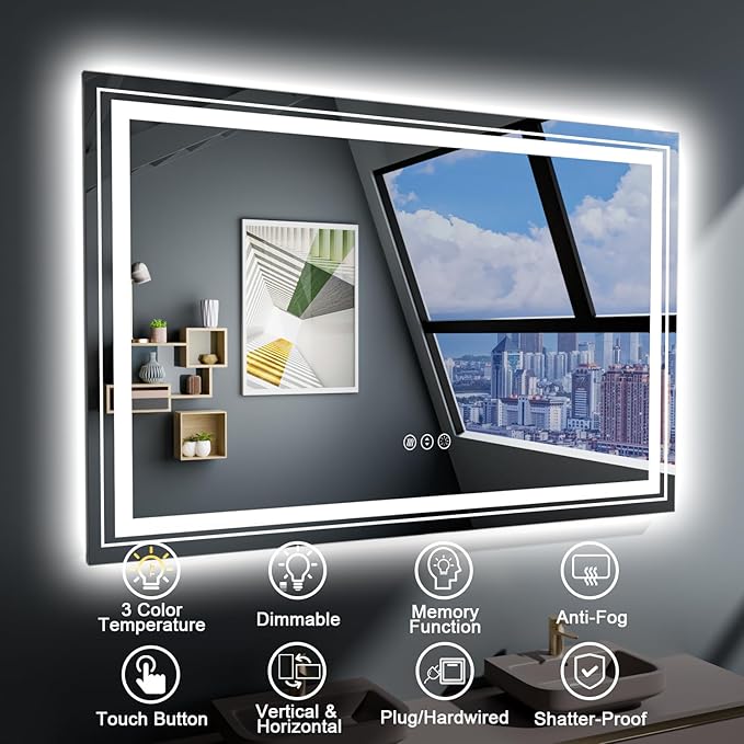 LED Bathroom Mirror, 88"x38" with Front and Backlit, Anti-Fog, Large Bathroom Vanity Mirror for Wall, Memory Function, Stepless Dimmable, Tempered Glass (Horizontal/Vertical)