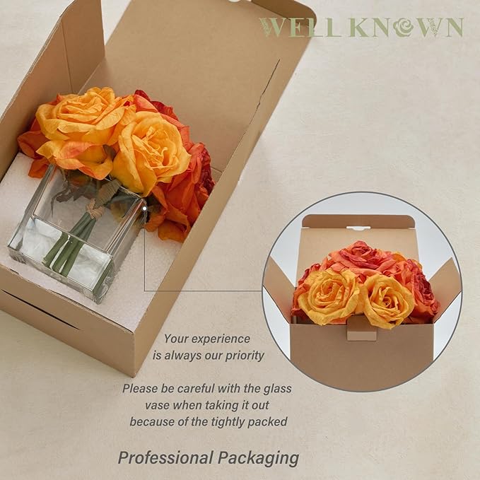 WELL KNOWN Rose Artificial Flowers in Vase with Faux Water, Silk Rose Table Centerpieces for Home Coffee Table Decor, Fake Roses Flower Arrangements for Office Hotel Lavatory Decor (Burnt Orange)