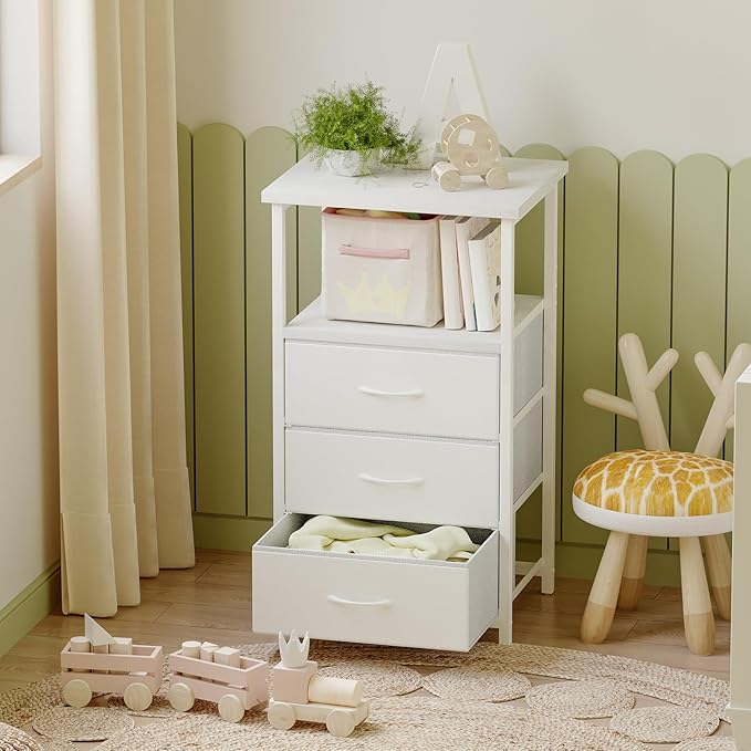 Fixwal White Night Stand, Nightstand with Charging Station, End Table, Bedside Table with Fabric Drawers for Bedroom