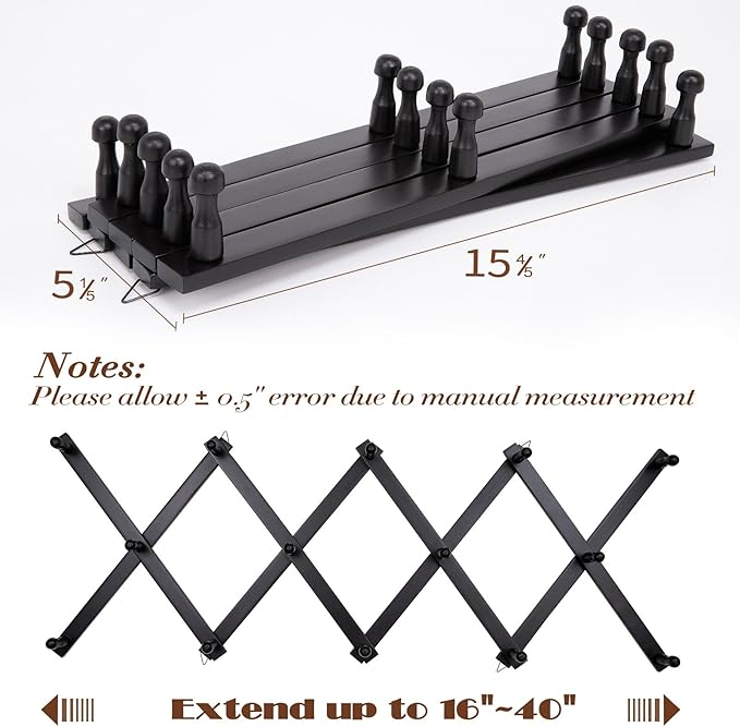 Wall Rack with 14 Hooks, Wooden Wall Expandable Coat Rack for Coat, Hats, Baseball Caps, Coffee Mug, Jewelry(Black)