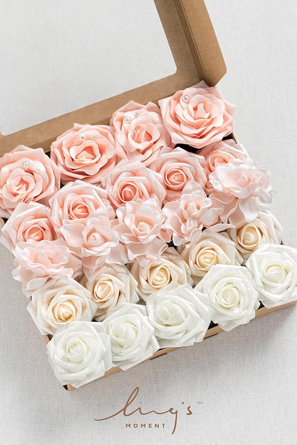 Ling's Moment Artificial Flowers Fake Roses Faux Foam Gardenia Combo for DIY Wedding Bouquets Centerpieces Arrangements Bridal Shower Party Home Decorations, Blush & White, 24pcs