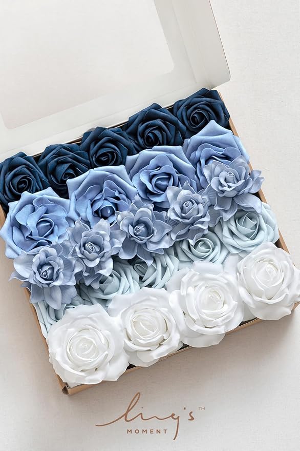 Ling's Moment Artificial Flowers Fake Silk Roses Faux Foam Gardenia Combo for DIY Wedding Bouquets Centerpieces Arrangements Bridal Shower Party Home Decorations, Dusty Blue & Ivory, 23pcs