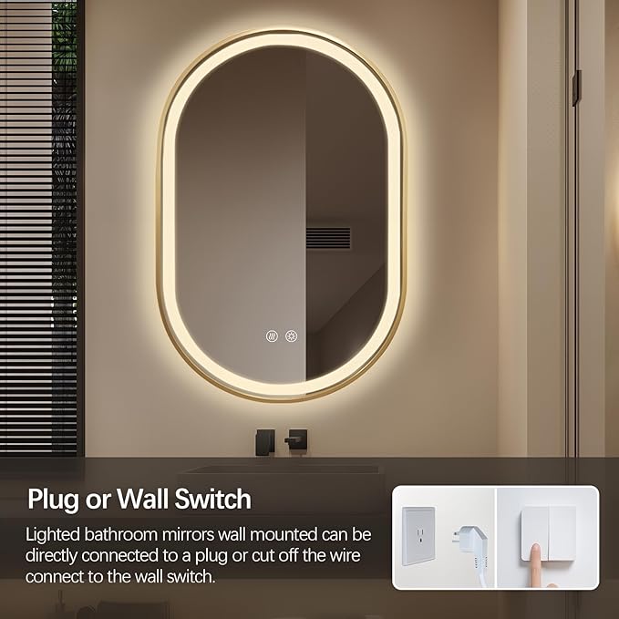 Niccy Oval LED Mirror for Bathroom, 36x24 Front Lit + Backlit Vanity Mirrors with Light Anti-Fog, Shatter-Proof, 3 Colors, Makeup Mirror with Gold Frame (Horizontal/Vertical)