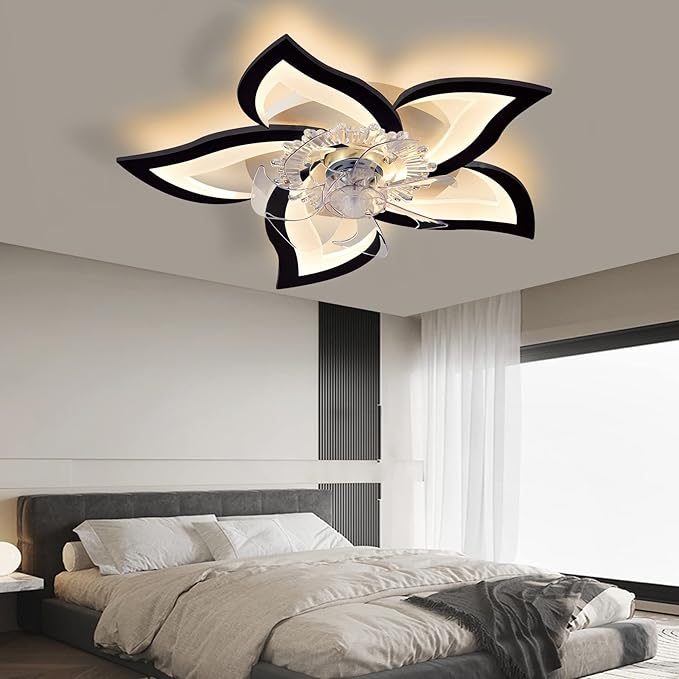 Low Profile Ceiling Fans with Lights,27.2” Black Modern Dimmable Flower Shape Ceiling Light Fan with Remote Control/app Control,Timing 6 Gear Speeds Fan Ceiling Lamp.