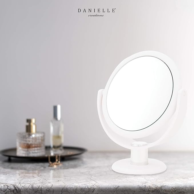Danielle Creations 6.75-Inch Portable Two-Sided Vanity Round Vanity Makeup Mirror, No-Slip Soft Touch with 360 Rotation, 10x Magnification, White