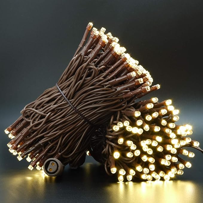 YULETIME 100 ft 300 Count Warm White LED String Lights with 8 Models Adapter, Brown Wire Wide Angle 5mm Christmas Lights (Warm White - Brown Wire)