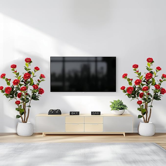 Artificial Camellia Tree 2 Pack, Artificial Plants Outdoor Faux Floral Plant in Cement Pot Fake Red Silk Camellia Tree Plants for Home House Living Room Office Decor (Red (2 Pack))