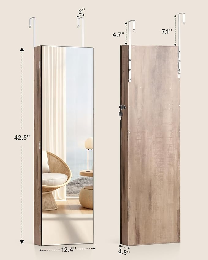 Nicetree Mirror Jewelry Cabinet, Jewelry Armoire with Full Length Mirror,Mirror with Jewelry Storage Wall/Door Mounted, Lockable Jewelry Armoire Organizer,Toasted Oak
