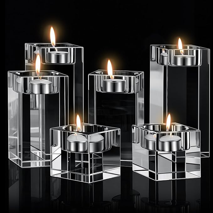 6 Pcs Crystal Tea Light Candle Holders Glass Votive Candle Stands Square Candlestick Holders for Wedding Dining Living Room Centerpiece Decorations, 1.57", 3.15", 3.94"