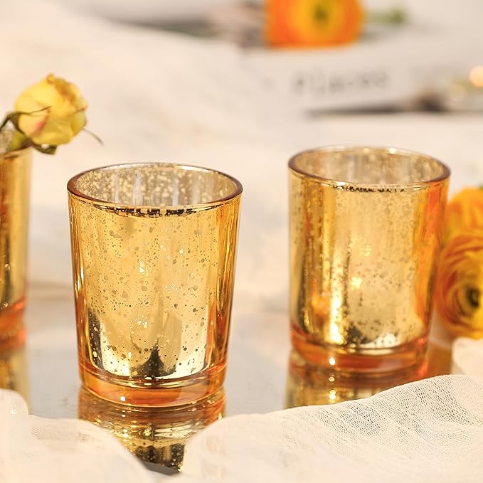 24 Pcs Gold Votive Candle Holders, Speckled Mercury Gold Glass Candle Holder Bulk for Wedding Centerpiece Table Decor, Tea Lights Candle Holder for Valentines Day Decor, Home Decor