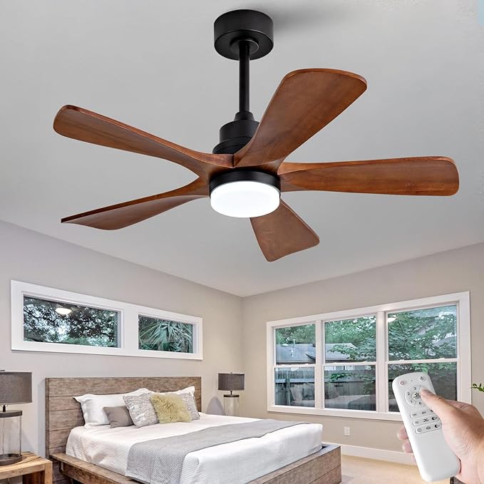 42 Inch Ceiling Fans with Lights and Remote Control, Outdoor Ceiling Fan for Patios, Black Ceiling Fan with Lights for Bedroom, Noiseless DC Motor, Dimmable Led 5 Solid Wood Blades