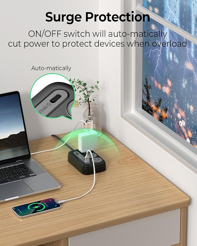 ORICO Surge Protector Power Strip, Multiple Outlets Extension Cord with 6 AC Outlets 2 USB-A and 2 USB-C Ports, 10 ft Long Flat Plug Power Strip, Mountable Outlet Extender for Dorm/Office/Home- OG