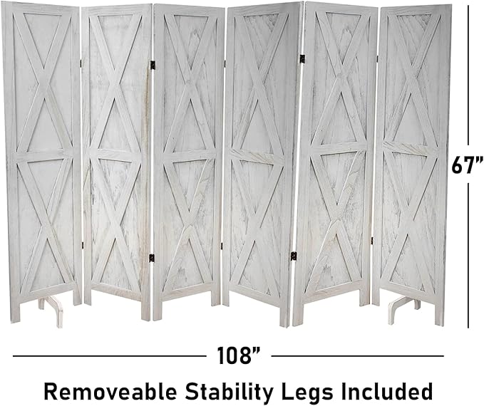 Premium Home 6-Panel Room Divider – Rustic White Barn Door, X Pattern Folding Privacy Screen, Partition Wall