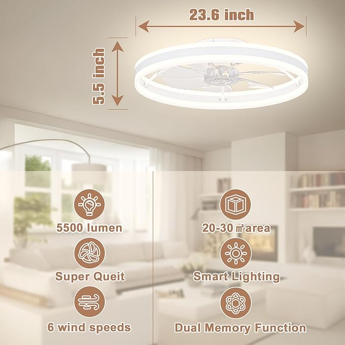 VOLISUN Low Profile Ceiling Fans with Lights and Remote, 23.6in Flush Mount Ceiling Fans with Light, 3000K-6500K Dimmable Fandelier LED Fan Light, White Bladeless Ceiling Fans with Lights for Bedroom