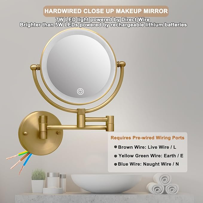 Wall Mounted Makeup Mirror with Light and Magnification, 7W Higher Brightness and Dimmable 1X/10X Double Sided Wall Magnified Mirror, Extending Vanity Mirror for Bathroom, Antique Brass Direct Wire