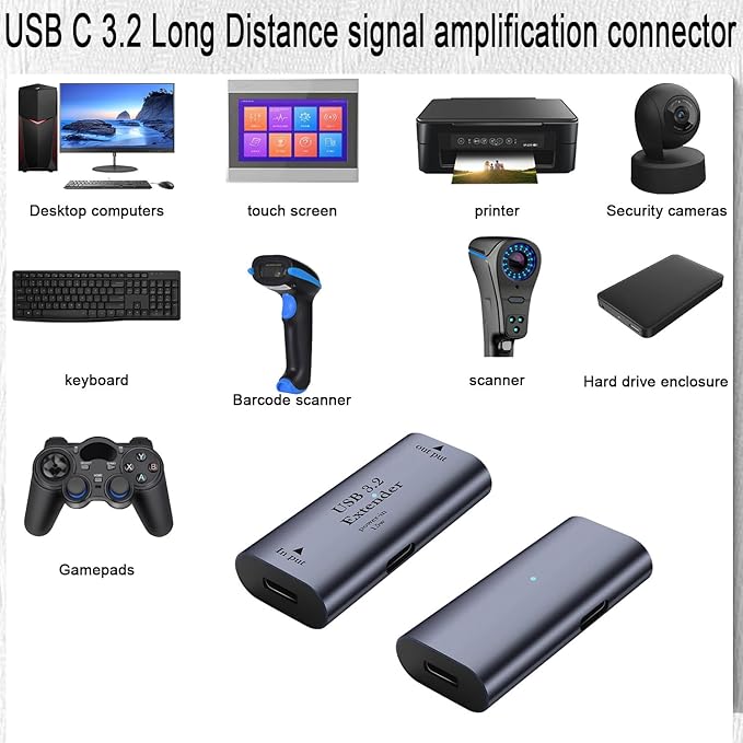QIANRENON USB C Signal Amplifier Extender Adapter Extension 10m/32.8ft USB C 3.2 Long Distance Charging Data Connector 5Gbps 5V/3A, Built-in Chip/LED/Al Alloy Shell, with USB C 15W Power Port