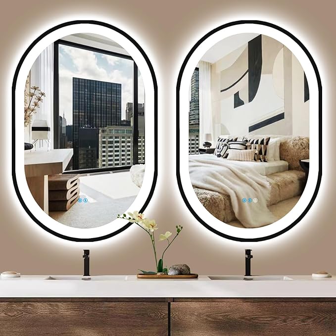 38 x 26 Inch Black Oval LED Mirror for Bathroom Salon Wall Horizontal/Vertical Mounted 38 Inch Black Frame Oval Lighted Mirror with Lights Smart Memory 3 Color Dimmable Front Lights Antifog