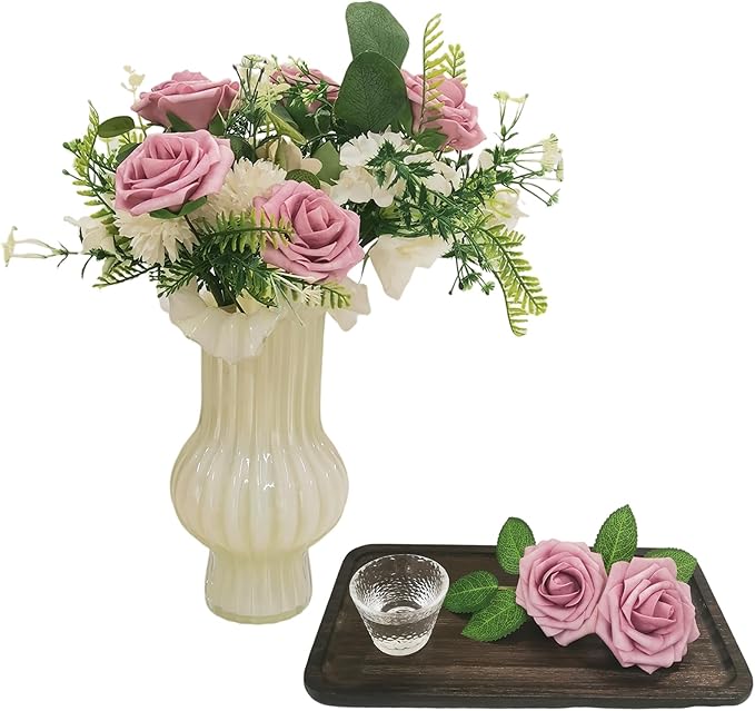 Artificial Flowers 25pcs Fake Roses, Brick Red Foam Rose Faux Flower for DIY Wedding Bouquets Bridal Shower Centerpieces Floral Arrangements Home Decorations Party Backdrops Table