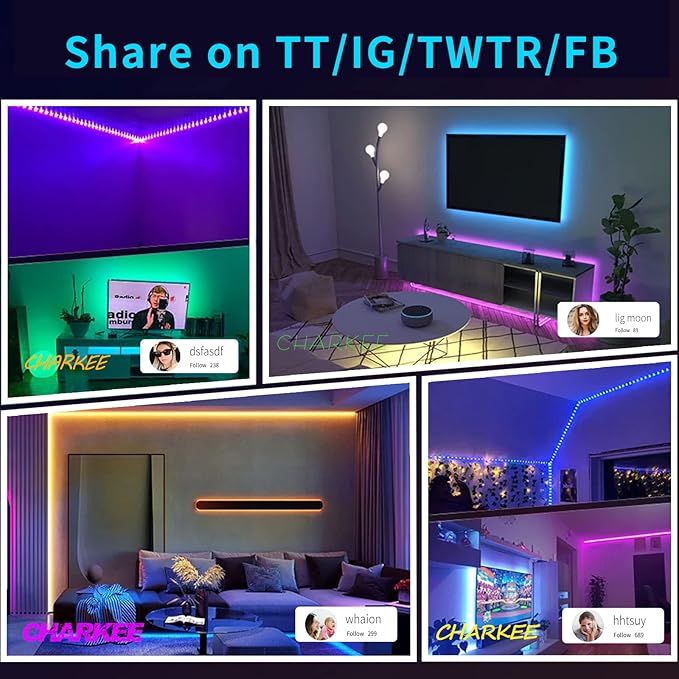 CHARKEE LED Lights 100ft USB-Powered, Music Sync RGB LED Strip Lights for Bedroom/TV Backlight/Gaming Lighting, Color Changing Bluetooth Led Lights IR Remote&App Control