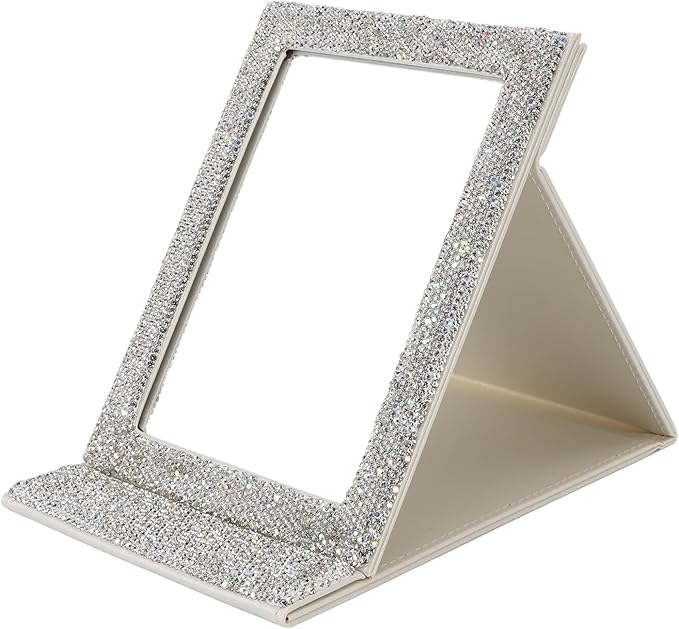 Folding Cosmetic Mirror, High Definition Innovative Rhinestone Portable Makeup Mirror Travel PU Portable Adjustable Rectangular Vanity Mirror for Dormitory Desktop