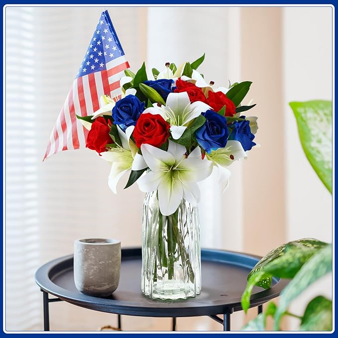 Hotop 20 Pcs Artificial Flowers Velvet Realistic Roses and Latex Lilies Flowers Bouquet Decorations Arrangements for Home Table Centerpieces Independence Day(Red,Blue,White)