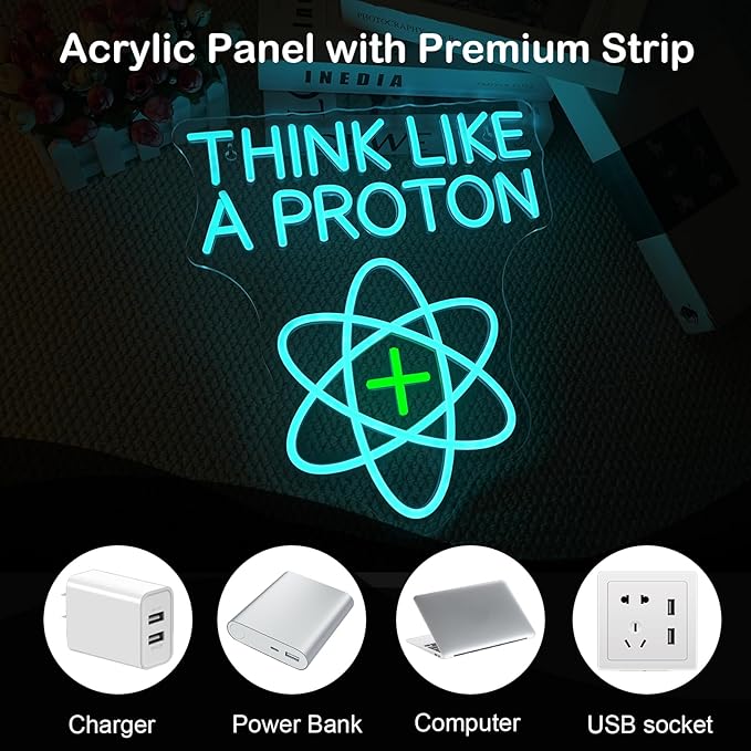 Think Like a Proton Neon Sign – Dimmable LED Wall Light with USB Power, 5V/2A – Science-Themed Room Decor for Kids, Students, Dorms, Offices, and Gift Ideas