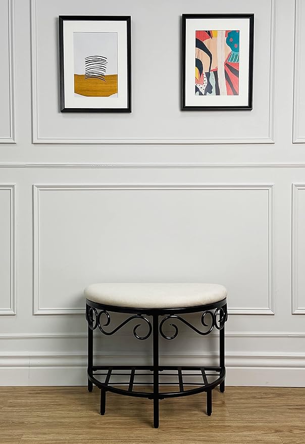 Mango Steam Half Moon Shoe Bench - Vanity Seat/Dressing Stool/Makeup Chair - White