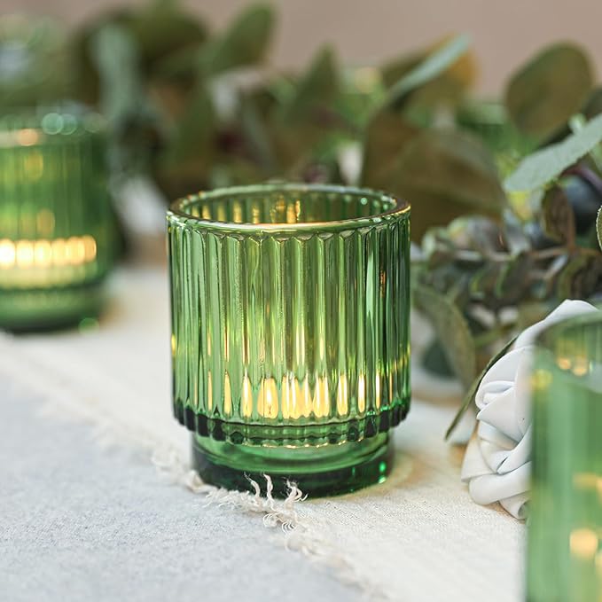 Vintage Ribbed Green Glass Tealight & Votive Candle Holders (Set of 6), Wedding Bridal Shower Party Table Decor, Fall Decor, Boho Decor, Shelf Decoration