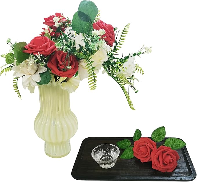 Artificial Flowers 25pcs Fake Roses, Red Foam Rose Faux Flower for DIY Wedding Bouquets Bridal Shower Centerpieces Floral Arrangements Home Decorations Party Backdrops Table