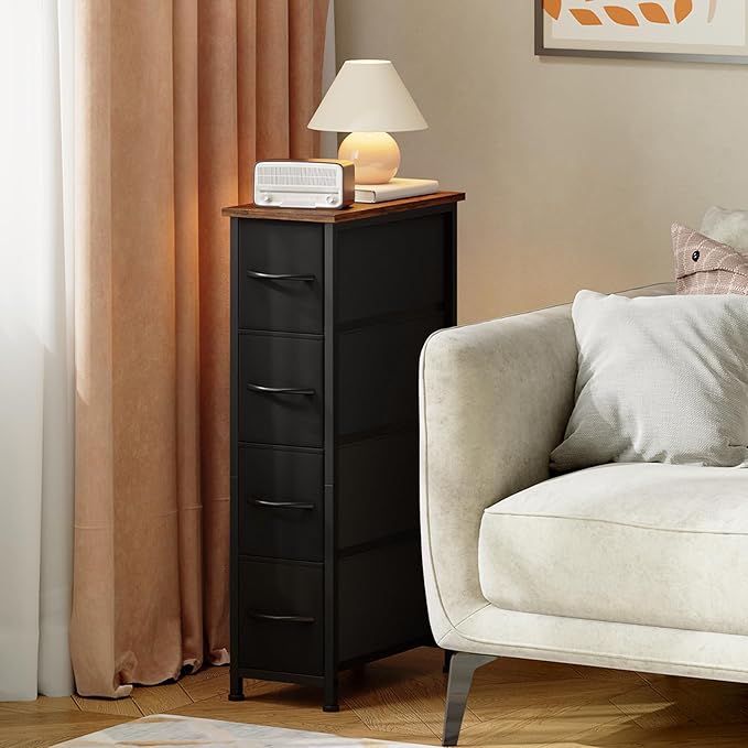 Somdot Narrow Dresser with 4 Drawers, Slim Storage Chest of Drawers with Removable Fabric Drawers for Closet Small Spaces Bathroom Bedroom Laundry, Black Rustic Brown Top