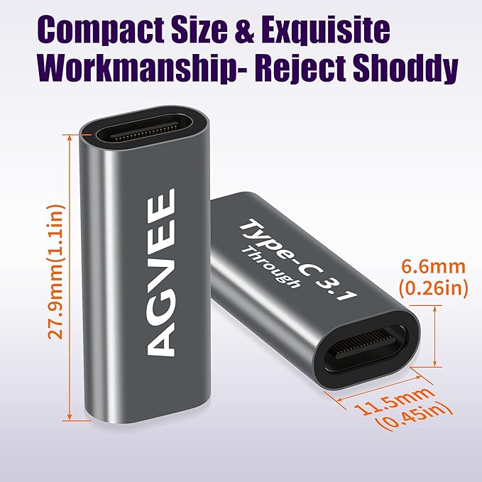 AGVEE 4 Pack USB-C Female to Female Bidirectional Adapter, PD 100W USB 3.2 Gen 2, Type-C USBC 10G Data Coupler Extender Extension Converter Connector, Gray