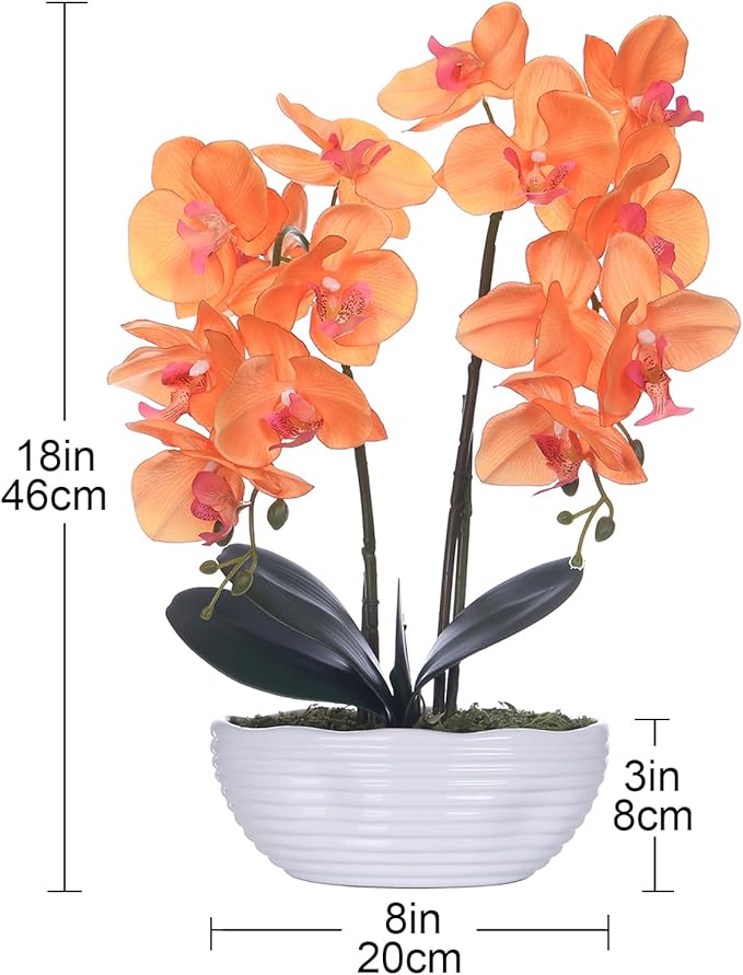 Large Artificial Potted Orchid Plant, Silk Flower Arrangement with Ceramics Vase, Orange