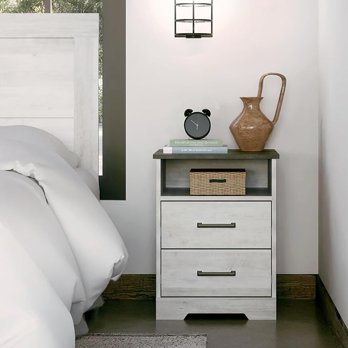 Prepac Rustic Ridge Farmhouse Bedroom Nightstand with 2 Drawers and an Open Cubby, Wooden Bedside Table for Bedroom, Office, or Living Room, 16.25in x 18.75in x 24.5in, Washed White