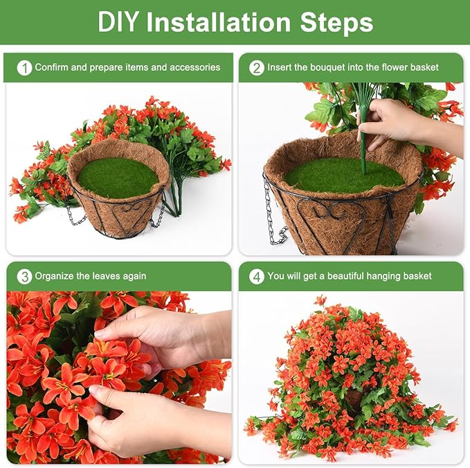 INQCMY Artificial Faux Hanging Plants Flowers in Basket for Outdoor Outside Spring Decor,UV Resistant Fake Silk Violet in Planter Realistic for Home Patio Balcony Garden Yard Decoration(Orange)