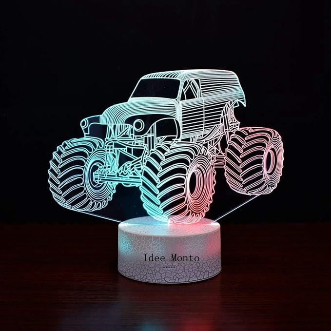 3D Night Lights for Children, Kids Night Lamp, Monster Trucks for Boys, 7 LED Colors Changing Lighting, Car Shape Acrylic Lighting Table Desk Bedroom Decoration, Cool Gifts Ideas Birthday Xmas