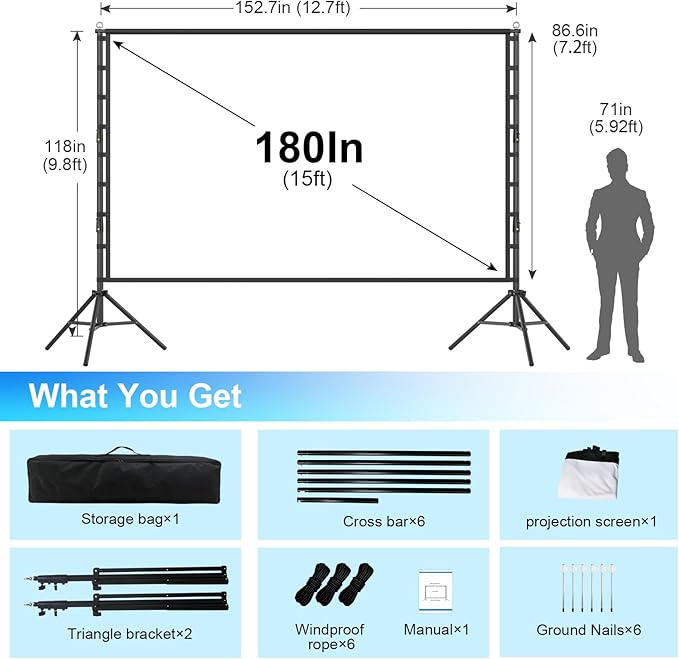 Outdoor Projector Screen and Stand,180-in Portable Projector Screen 15 FT Large Projection Screen,16:9 4K HD Rear Front Wrinkle-Free Movie Screen with Carry Bag for Backyard,RVing Night,Party