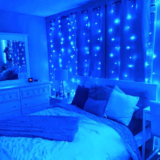 JMEXSUSS 300LED Christmas Curtain Lights, Blue Christmas Lights with Remote, Blue String Lights for Bedroom Wall Window Backdrop Garden Indoor Outdoor Patio Yard Porch Decorations, 9.8x9.8ft
