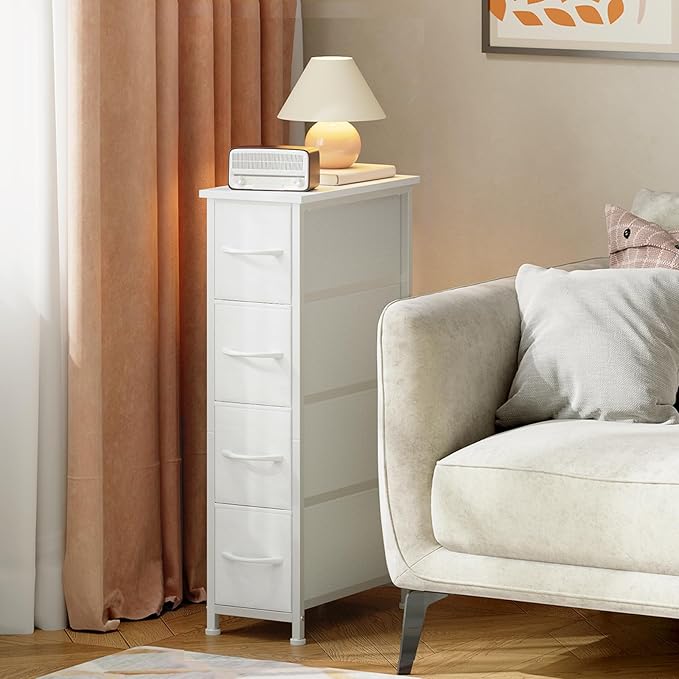 Somdot Narrow Dresser with 4 Drawers, Slim Storage Organizer Chest of Drawers with Removable Fabric Drawers for Small Spaces Bathroom Closet Bedroom Laundry, White Leather